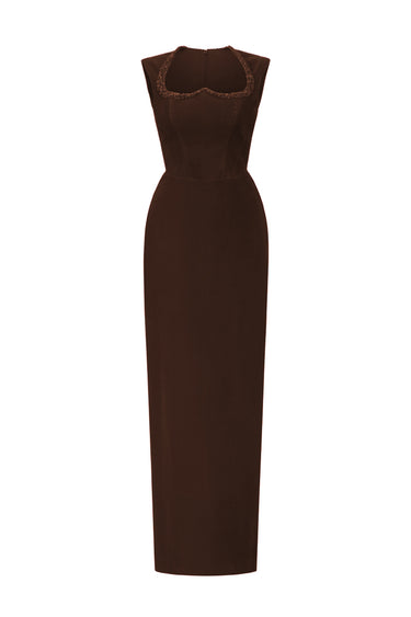 Brown Lyon Velvet Midi Column Dress With Heart-Shaped Neck And Crystal Embellishment - IHF STUDIO