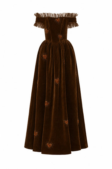 Brown Velvet Maxi Dress With Ruffle Details And Heart-Shaped Embellishment - IHF STUDIO