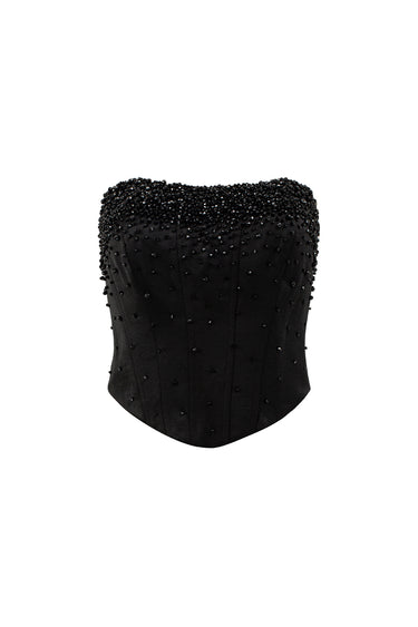 Silk taffeta crystal-embellished corset top with a low-waist column skirt - IHF STUDIO