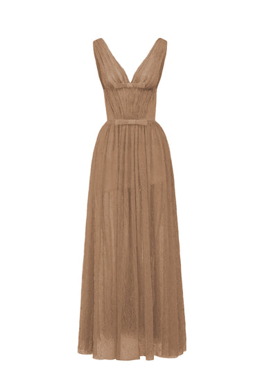 Dark Beige Vine Guipure Lace V-neck midi A-line dress with draped details and two mini bows - IHF STUDIO