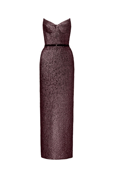 Dark Pink Metallic-Lacquer Jacquard Bustier Midi Column Dress with Lotus-Petal Shaped Detailing - IHF STUDIO