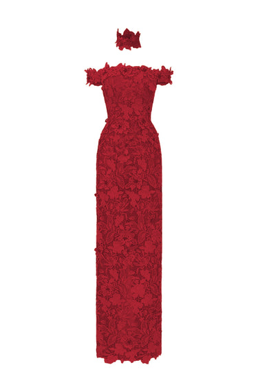 Dark Red Floral Garden Lace Off-Shoulder Dress - IHF STUDIO