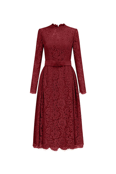 Dark Red Long Sleeve Lace Dress With Bow Belt - IHF STUDIO