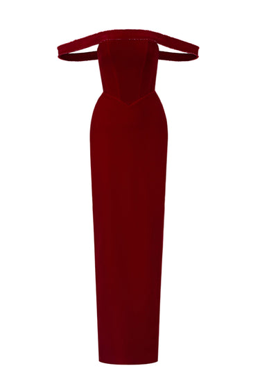 Dark Red Lyon Velvet Bustier Midi Column Dress With Horizontal Train - IHF STUDIO