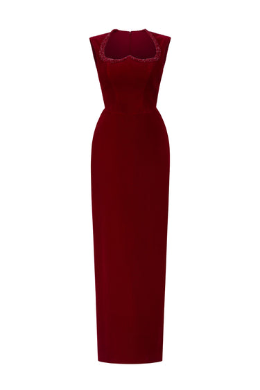 Dark Red Lyon Velvet Midi Column Dress With Heart-Shaped Neck And Crystal Embellishment - IHF STUDIO