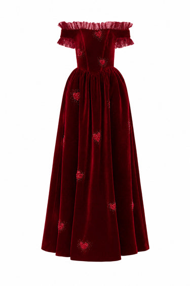 Dark Red Velvet Maxi Dress With Ruffle Details And Heart-Shaped Embellishment - IHF STUDIO