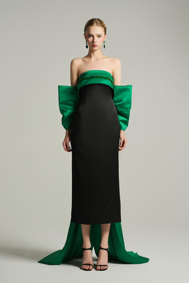 Strapless silk taffeta midi dress with emerald bodice, black skirt and dramatic crystal bow train - IHF STUDIO