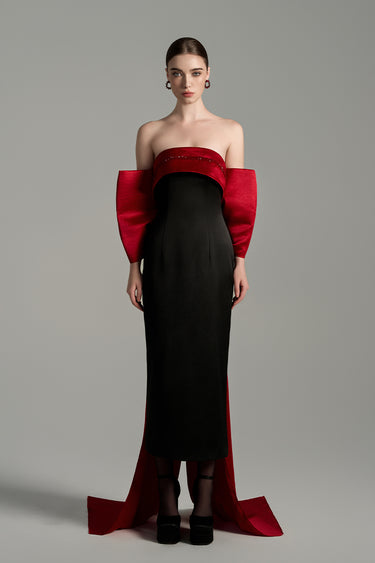Strapless silk taffeta midi dress with red bodice, black skirt and oversized crystal bow train - IHF STUDIO