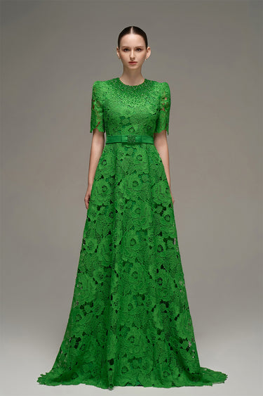 Green crochet lace A-line gown with short sleeves and crystal detailing at neckline and waist - IHF STUDIO