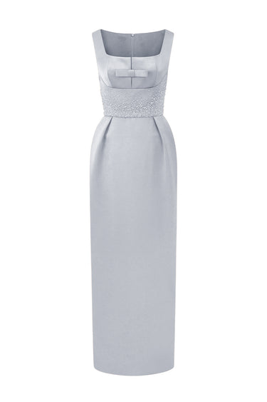 Grey Silk Taffeta Midi Column Dress With Square Neck And Mini Bow Detail - IHF STUDIO