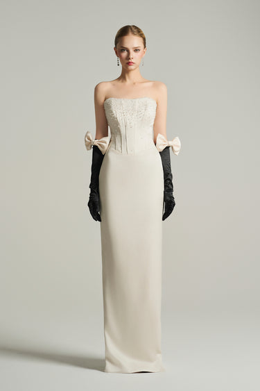 Ivory silk taffeta corset maxi dress with a column silhouette and hand-applied crystal detailing - IHF STUDIO
