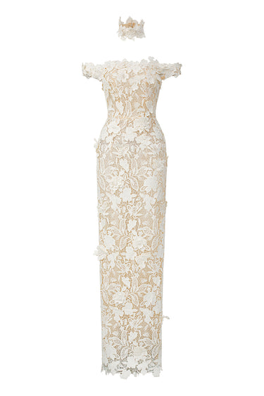 Ivory Floral Garden Lace Bustier Column Dress With Off-Shoulder Details - IHF STUDIO