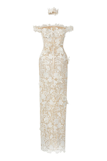 Ivory Floral Garden Lace Bustier Column Dress With Off-Shoulder Details - IHF STUDIO