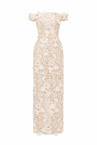 Ivory Floral Garden Lace bustier column midi dress with off-shoulder details - IHF STUDIO