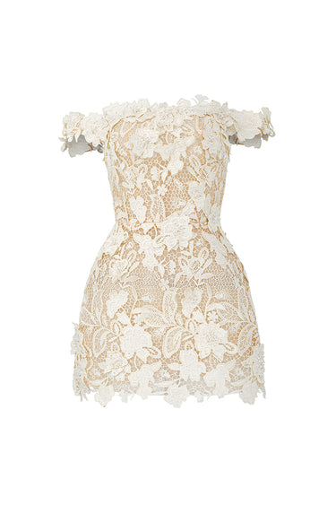 Ivory Floral Garden Lace Bustier Mini Column Dress With Off-Shoulder Details - IHF STUDIO