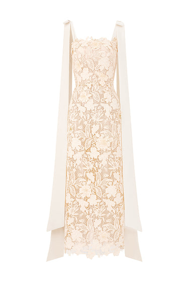 Ivory Floral Garden Lace Column Dress with Bow Straps - IHF STUDIO