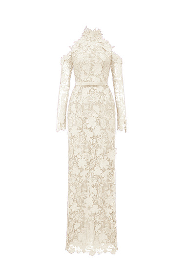 Ivory Floral Garden Lace Dress With Halter Neck And Long Sleeves - IHF STUDIO