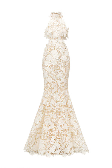 Ivory Floral Garden Lace Halter Mermaid Maxi Dress with Waist Cut-Out - IHF STUDIO