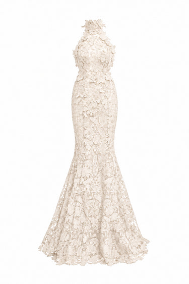 Ivory Floral Garden Lace halter mermaid maxi dress with hand-cut floral motifs, pearl and crystal clusters.