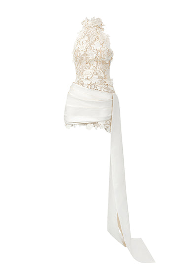 Ivory Floral Garden Lace Halter Mini-Column Dress With Asymmetric Draped Detail - IHF STUDIO