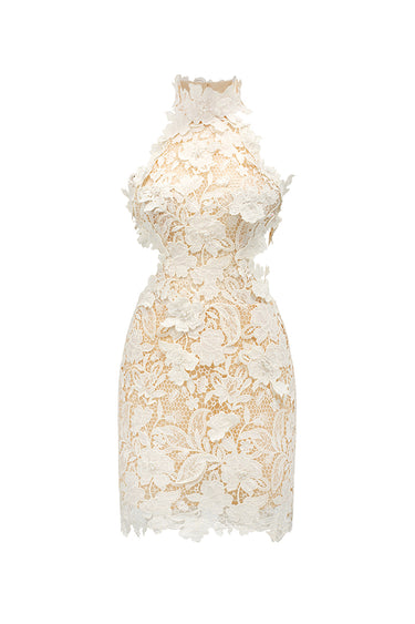 Ivory Floral Garden Lace Halter Mini Dress with Waist Cut-Out - IHF STUDIO
