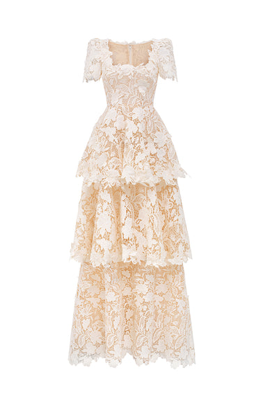 Ivory Floral Garden Lace Maxi A-line Dress With 3-tiered U-Neck - IHF STUDIO