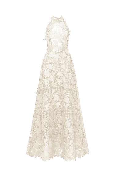 Ivory Floral Garden Lace Maxi A-line Dress with Halter neck and Waist Cut-Out back - IHF STUDIO