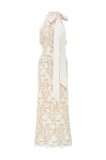 Ivory Floral Garden Lace Maxi Dress With Long Bow Straps - IHF STUDIO