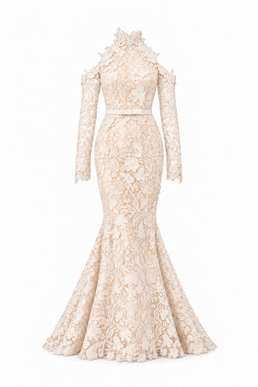 Ivory Floral Garden Lace mermaid dress with halter neck and long sleeves - IHF STUDIO