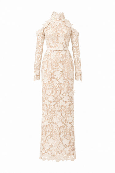 Ivory Floral Garden Lace midi dress with halter neck and long sleeves - IHF STUDIO