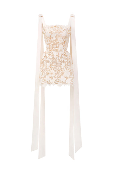 Ivory Floral Garden Lace Mini Dress with Bow Straps - IHF STUDIO