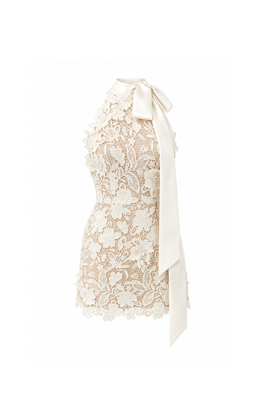 Ivory Floral Garden Lace and Agate Silk halter mini dress with long bow straps and hand-applied 3D lace motifs.