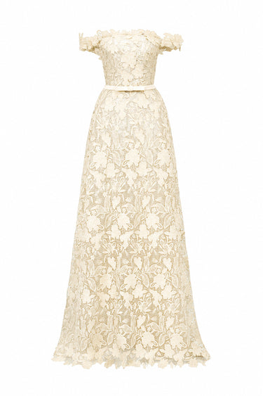 Ivory Floral Garden Lace Off-Shoulder A-Line Dress With Silk Waist Belt - IHF STUDIO