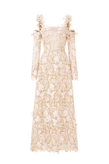Ivory Floral Garden Lace Off-Shoulder A-Line Maxi Dress - IHF STUDIO