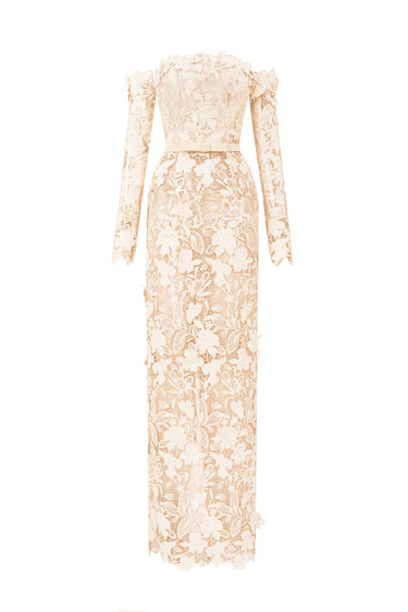 Ivory Floral Garden Lace Off-Shoulder Dress with Long Sleeves - IHF STUDIO