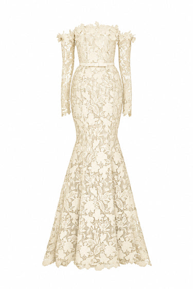 Ivory Floral Garden Lace Off-Shoulder Mermaid Dress With Silk Waist Belt - IHF STUDIO
