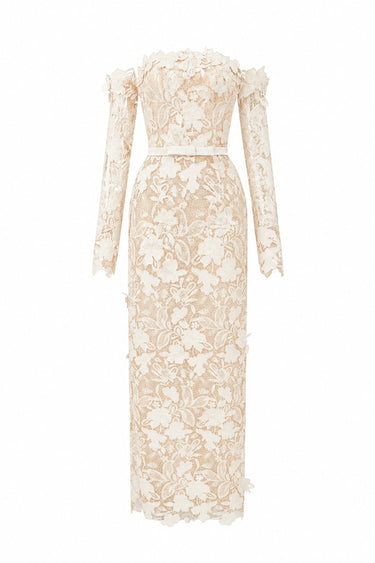Ivory Floral Garden Lace off-shoulder midi dress with long sleeves - IHF STUDIO