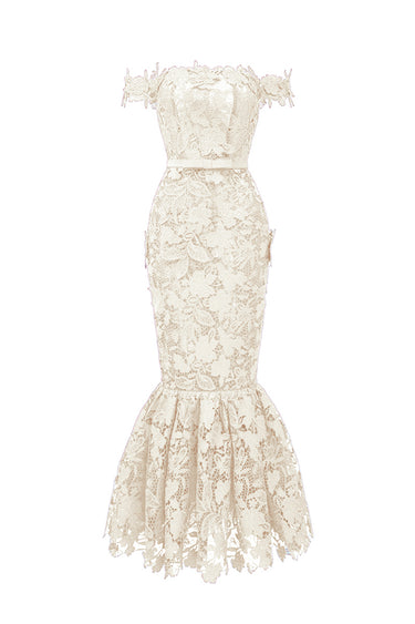 Ivory Floral Garden Lace Off-Shoulder Midi-Mermaid Dress - IHF STUDIO