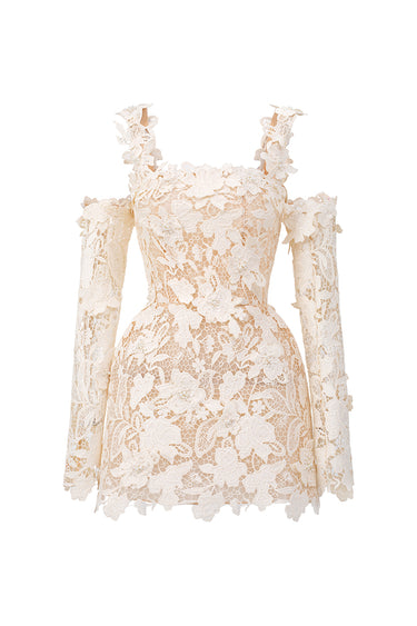 Ivory Floral Garden Lace Off-Shoulder Mini Dress with Long Sleeves - IHF STUDIO