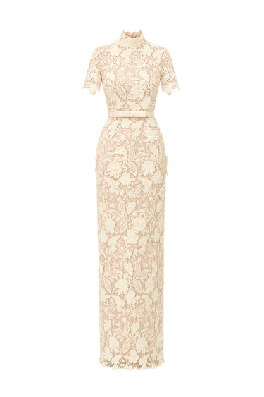 Ivory Floral Garden Lace Short-Sleeve Column Dress - IHF STUDIO