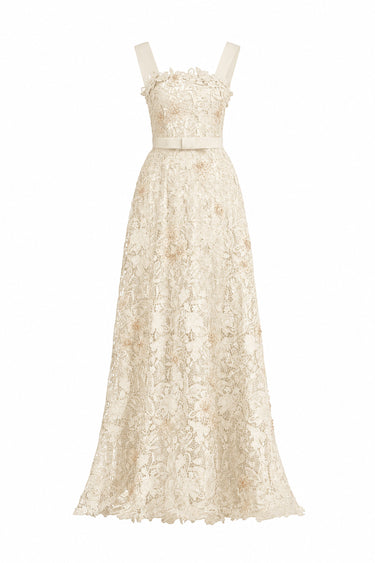 Ivory Floral Garden Lace Square-Neck A-Line Dress With Velvet Waist Belt - IHF STUDIO