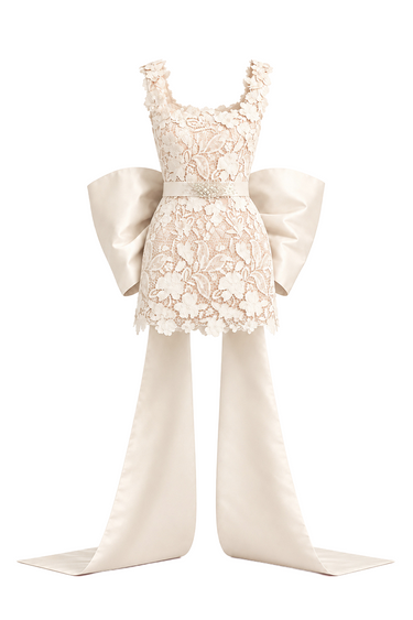 Ivory Floral Garden Lace square-neck mini column dress with large back bow - IHF STUDIO