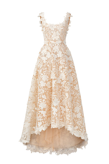 Ivory Floral Garden Lace Trapeze Midi Mullet A-line Dress With Pearl Cluster Embellishment - IHF STUDIO