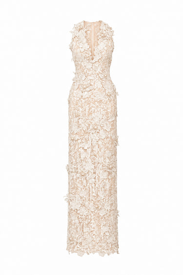 Ivory Floral Garden Lace V-neck maxi-column dress with pearl and crystal clusters across the lace.