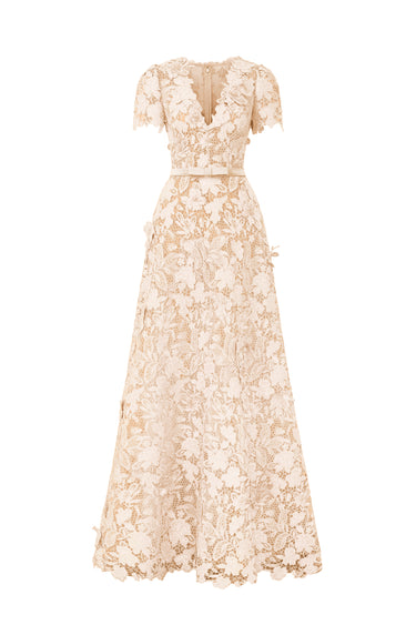 Ivory Floral Garden Short Sleeves A-Line Maxi Dress - IHF STUDIO