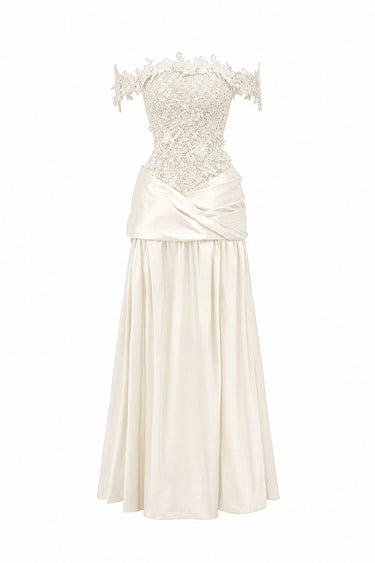 Ivory Floral Vine Lace Off-Shoulder A-line Dress With Draped Details Taffeta - IHF STUDIO