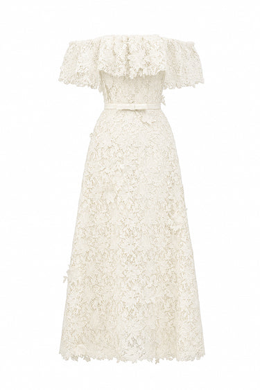 Ivory Floral Vine Lace Off-Shoulder Midi A-line Dress - IHF STUDIO