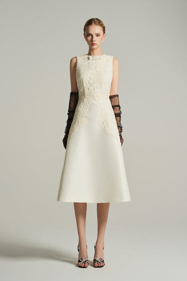 Ivory A-line taffeta midi dress with crochet lace overlays and crystal-embellished bow neckline - IHF STUDIO