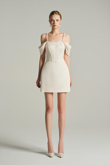 Ivory silk taffeta corset mini dress with ruffled off-shoulder sleeves and crystal embellishment - IHF STUDIO