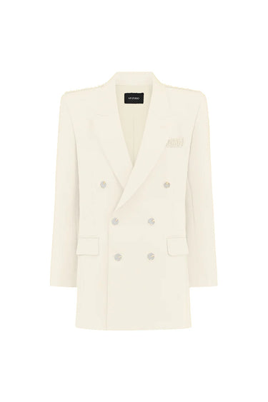 Ivory Oversized Blazer With Black Crystal-Embellished Pocket Flap - IHF STUDIO